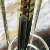 Vintage faux bamboo pedestal table in brass with 2 glass shelves