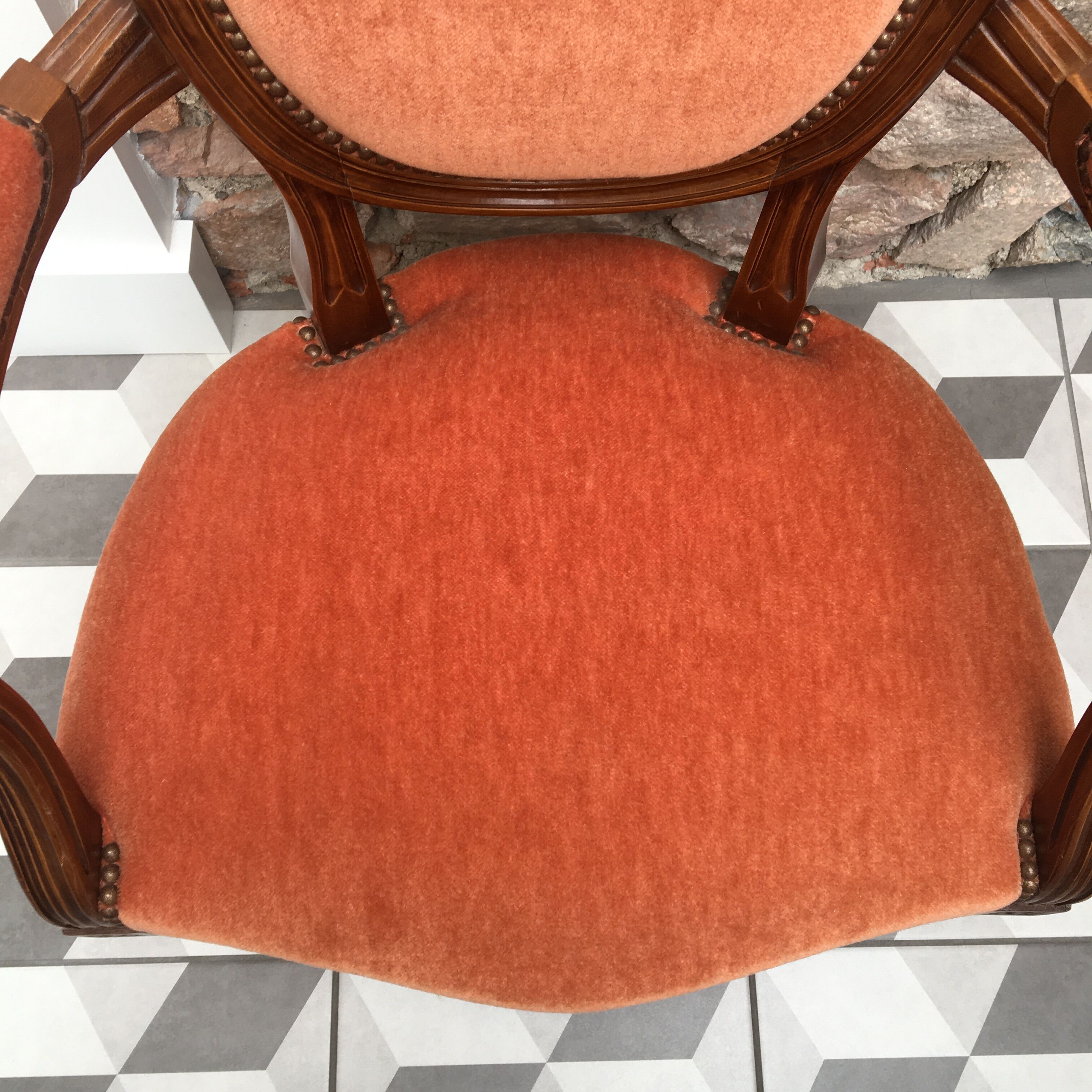 Louis XVI apricot velvet medallion armchair