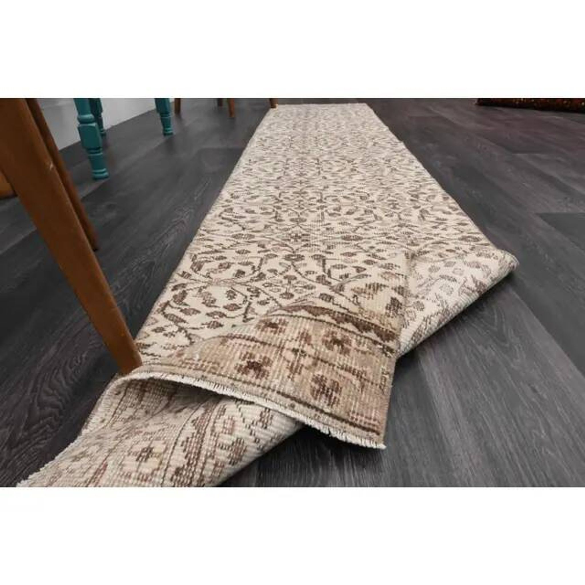 Vintage Turkish Oushak handmade wool cotton beige runner rug 63x295