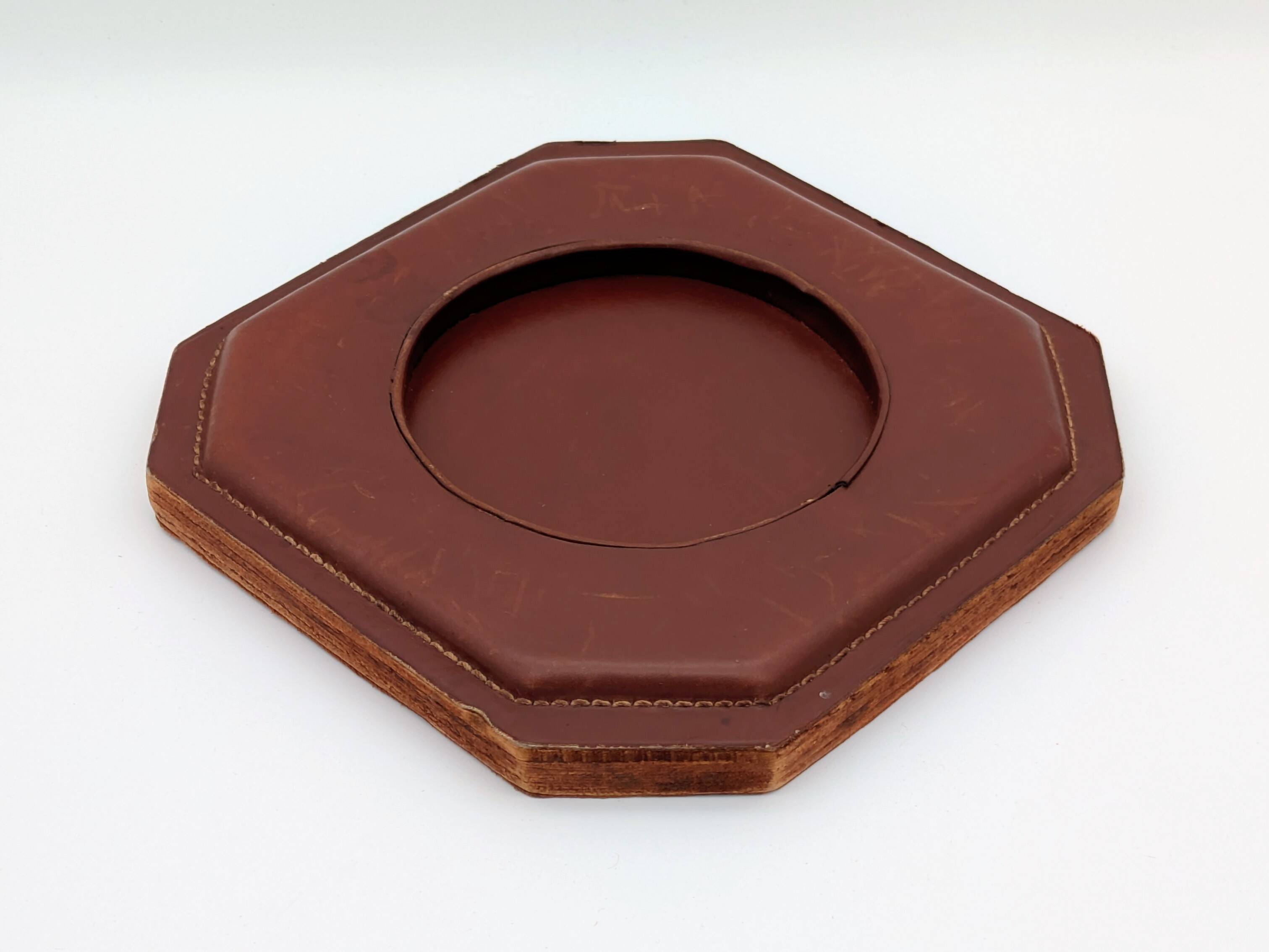 Ashtray / Catch-all Mid-Century Solid Glass Murano Style & Leather 1960