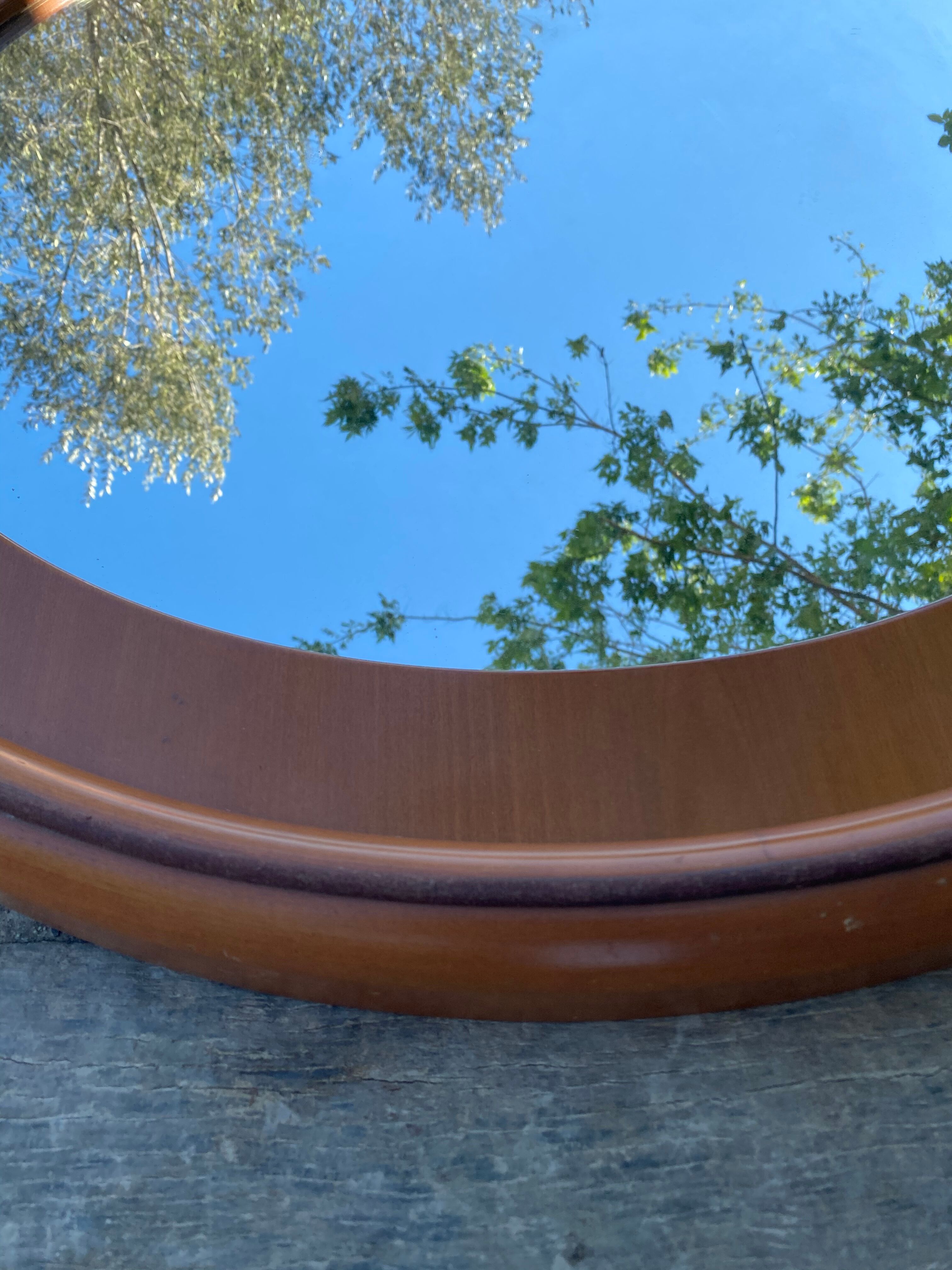 1970 wood and leather 86cm round mirror design
