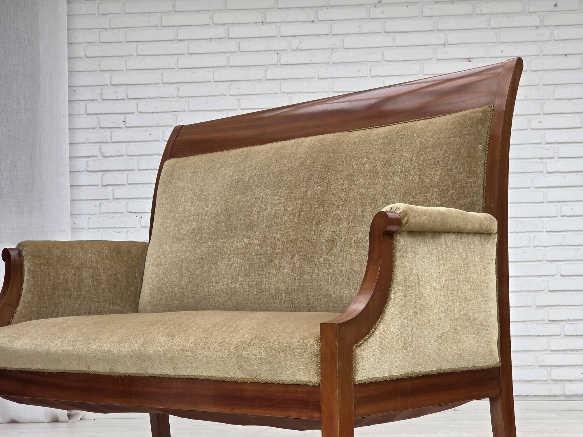 1950s, 2 seater Danish highback sofa, furniture velour, laqered teak wood.