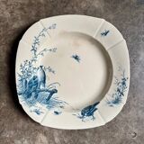 Medium square hollow plate Gien in blue ironstone, service "Birds" around 1870.