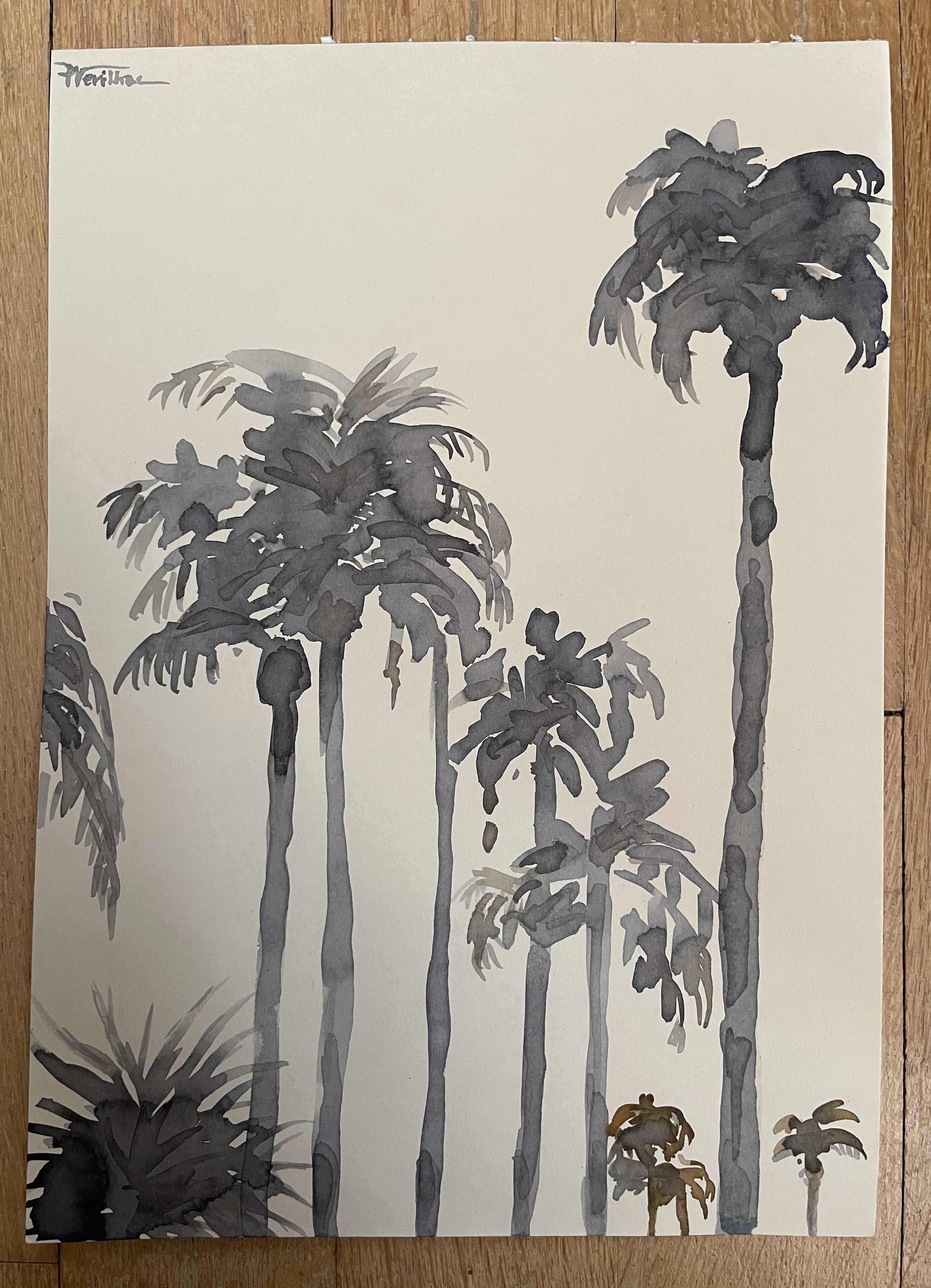 Signed monochrome watercolor painting “sunset over the palm trees”