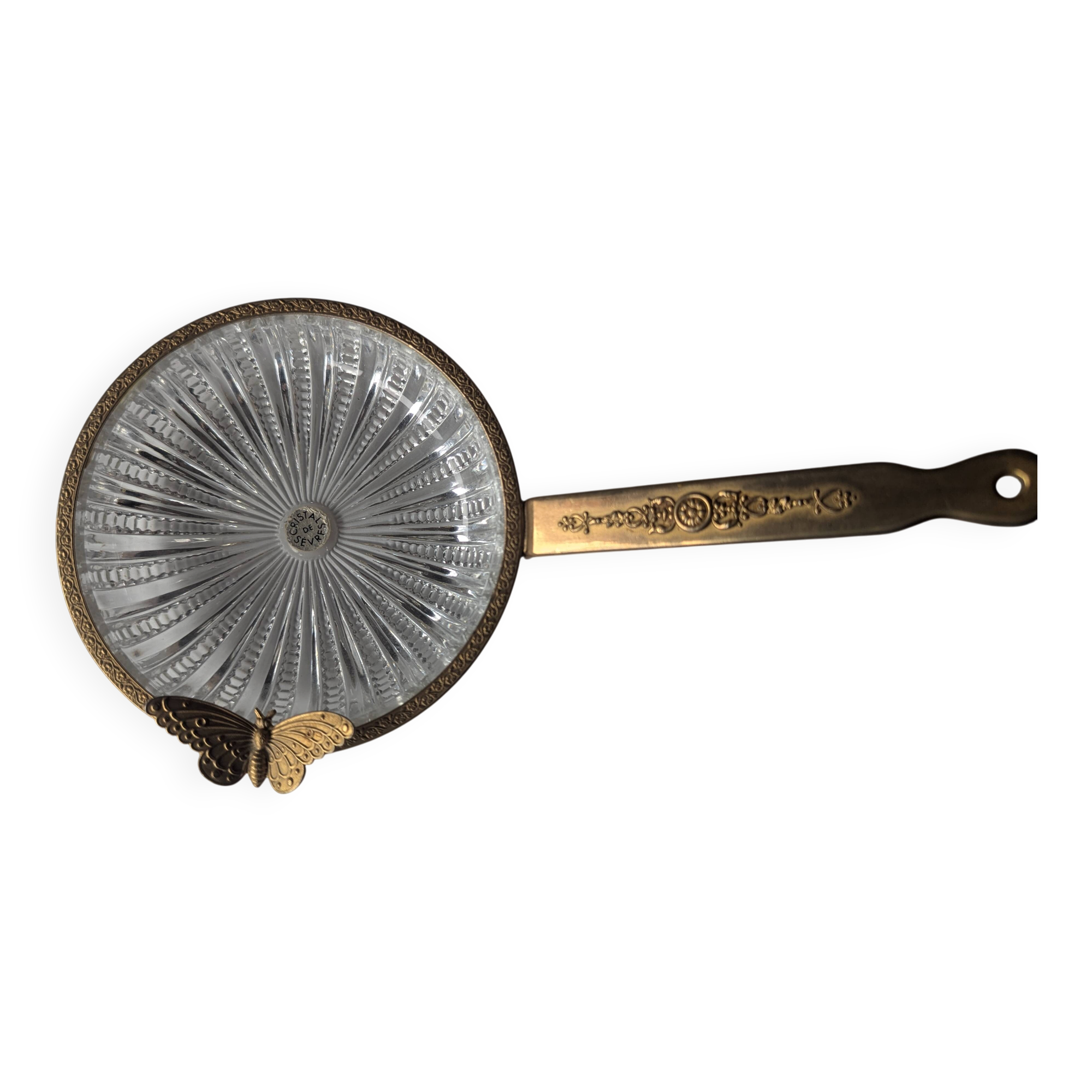 Antique pocket tray in Sèvres crystal and chiselled brass with butterfly decoration.