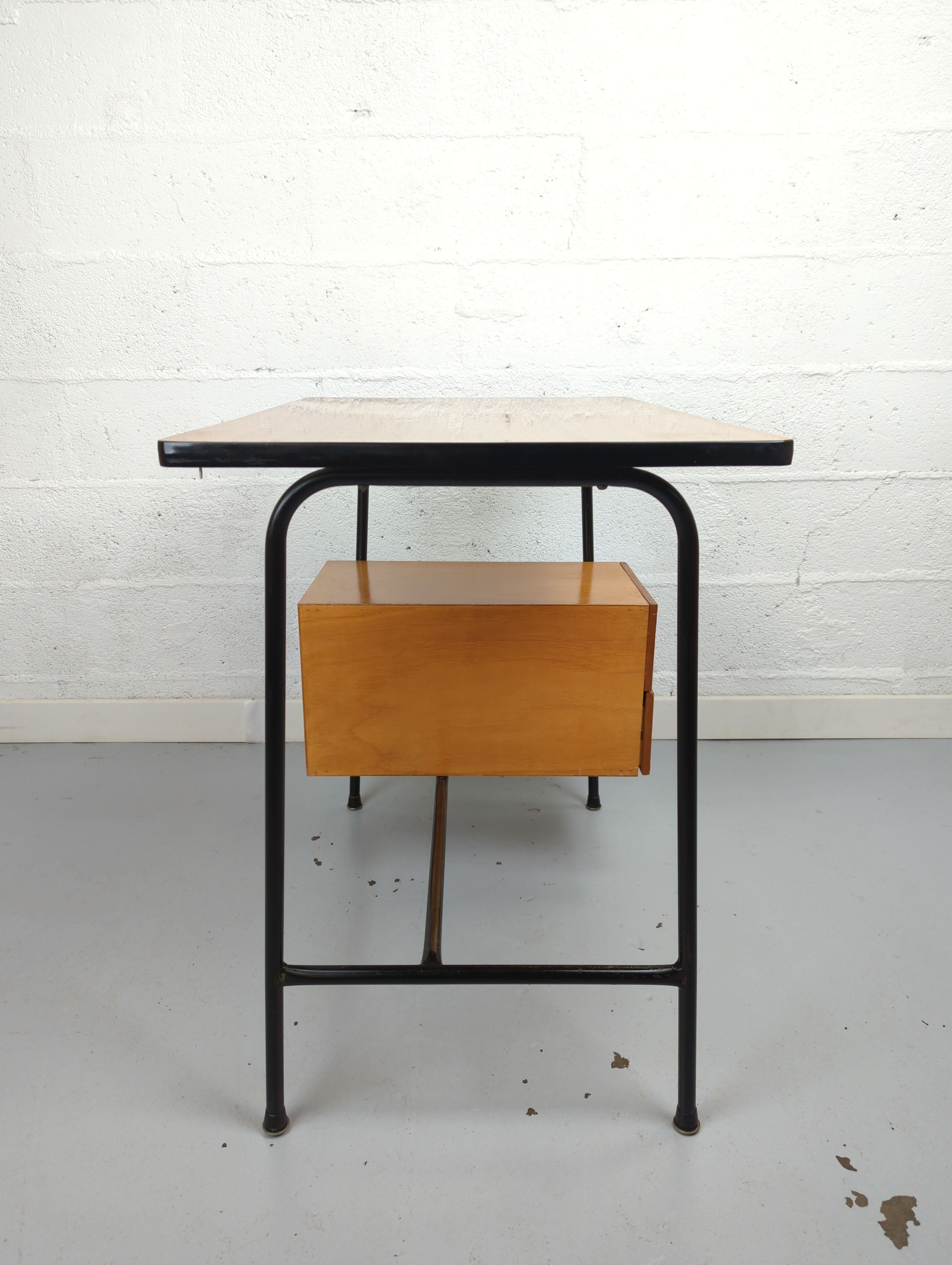 Bureau vintage formica et métal caisson deux tiroirs