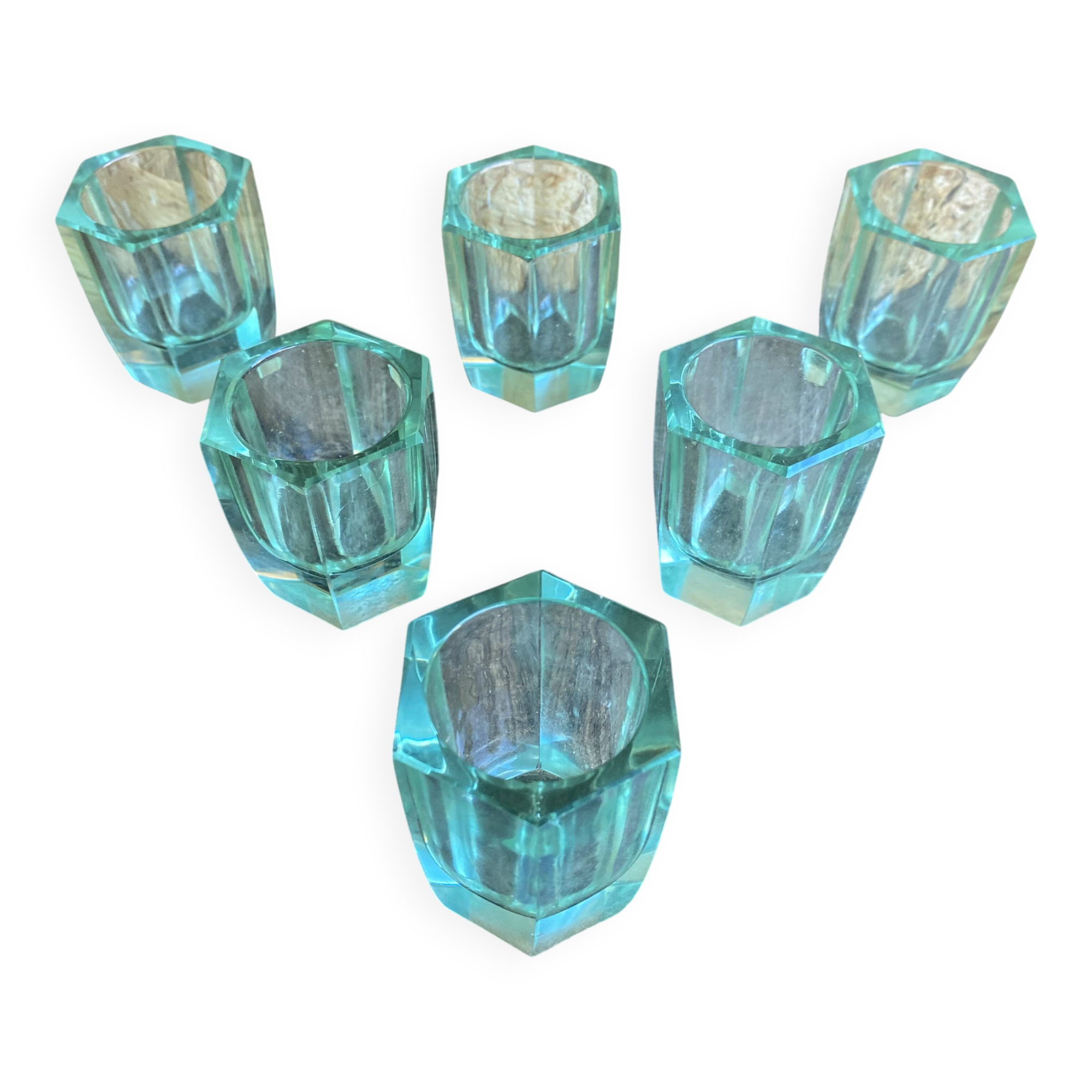 Set of 6 antique liqueur glasses moser moulded uranium glass beryl art deco