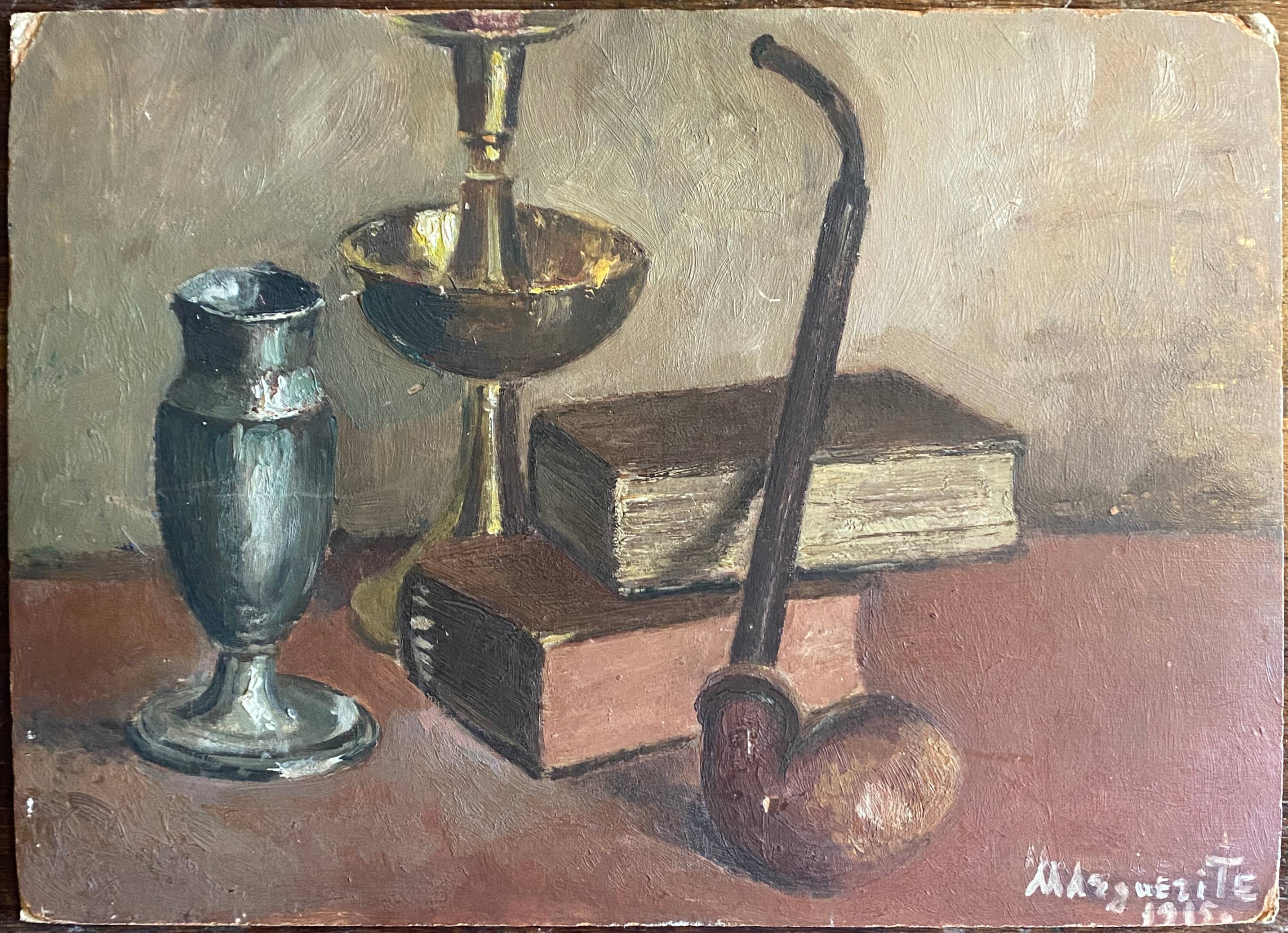 HSP painting "Still Life with Books" charming naïve school signed 1915