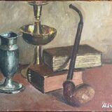 HSP painting "Still Life with Books" charming naïve school signed 1915