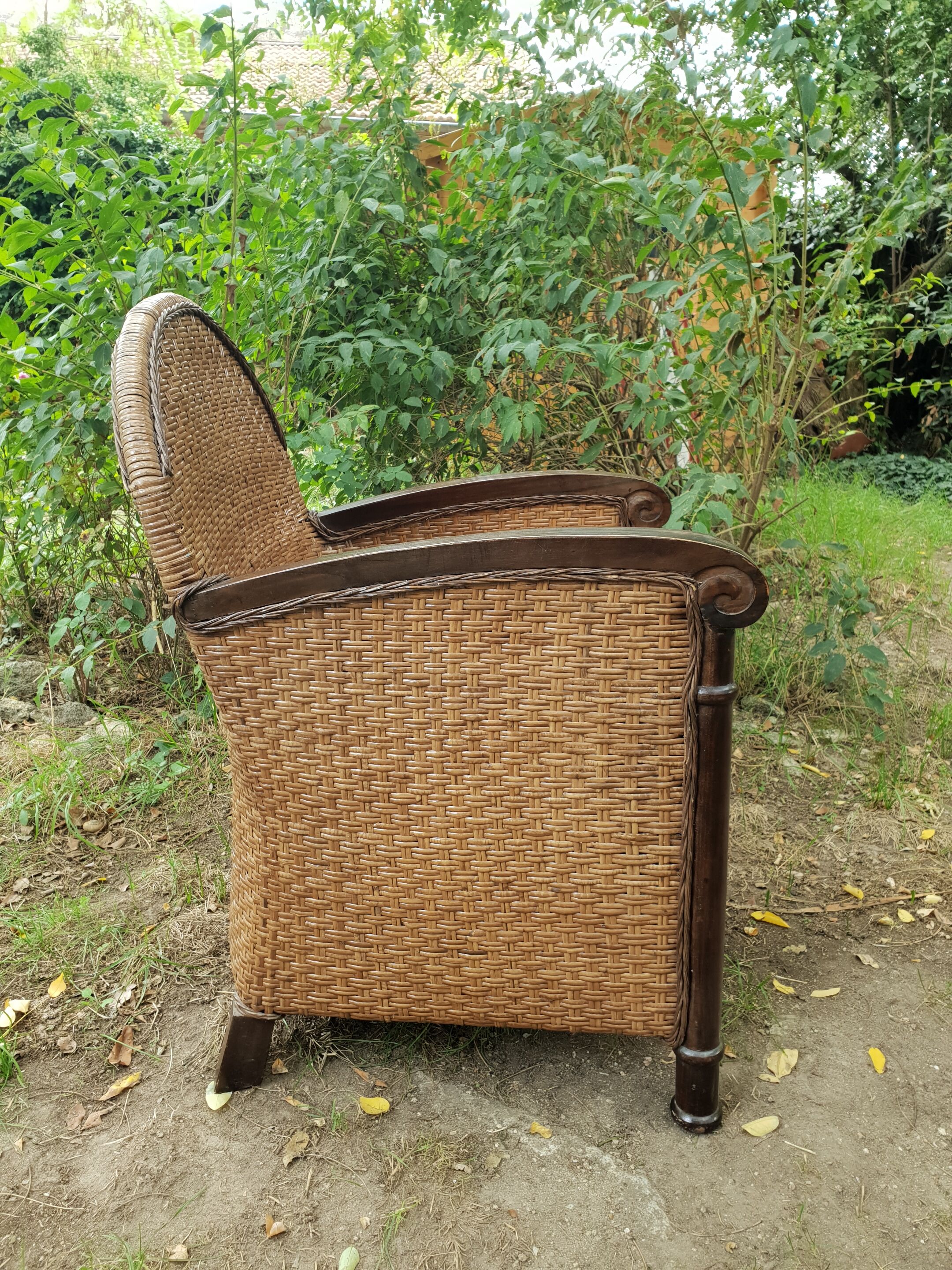 Paire de fauteuils en bois et rotin 1980