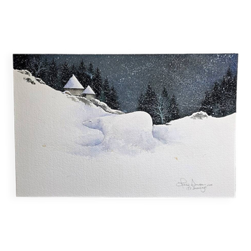 Gouache "Il neige" signée Olivier Dunrea