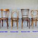 Set of 4 mismatched bistro chairs, 1900 to 1930 with wooden seats, Thonet, Baumann