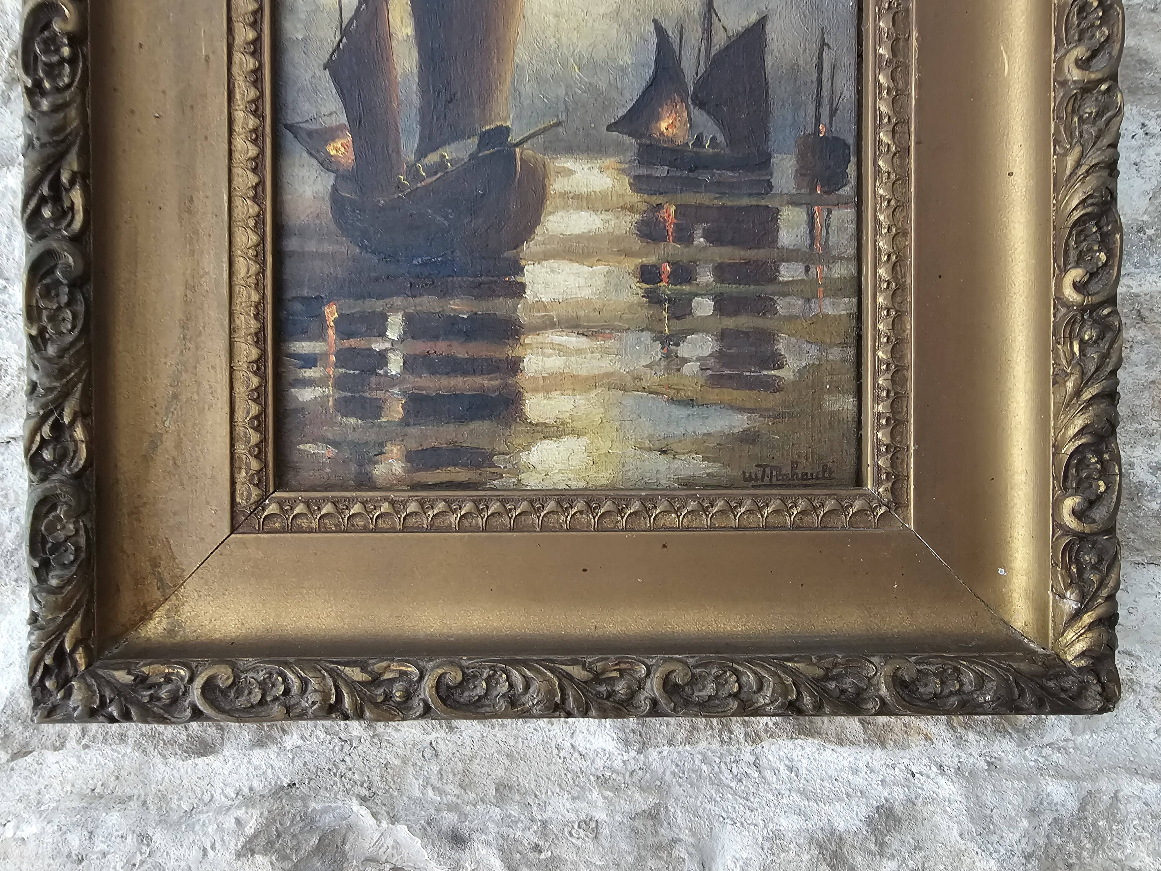 Oil Painting on Cardboard Landscape Sailboats Marine Early 20th Century - M.T. Flabault