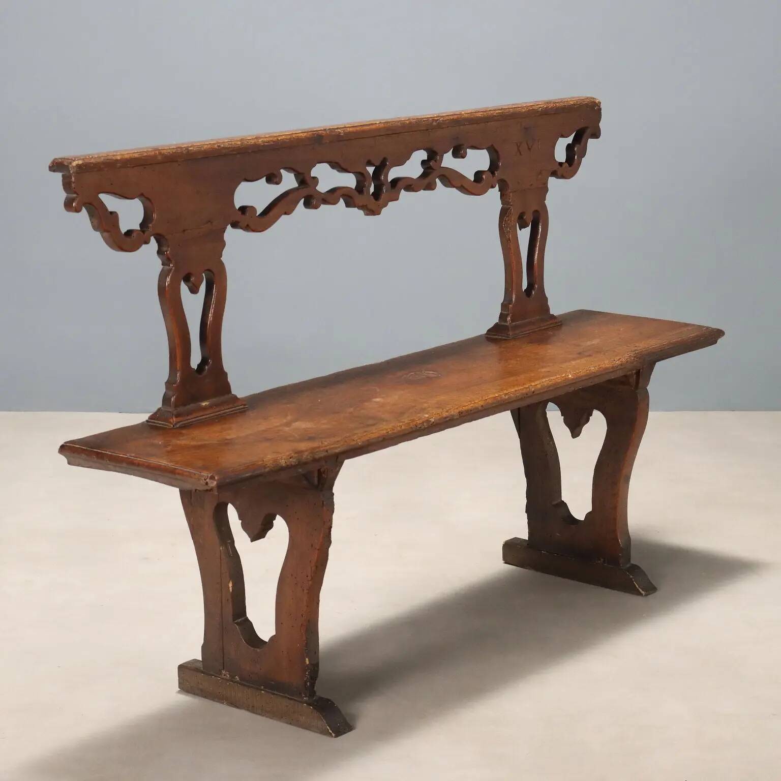 Antique walnut wood bench, Italy, 18th century