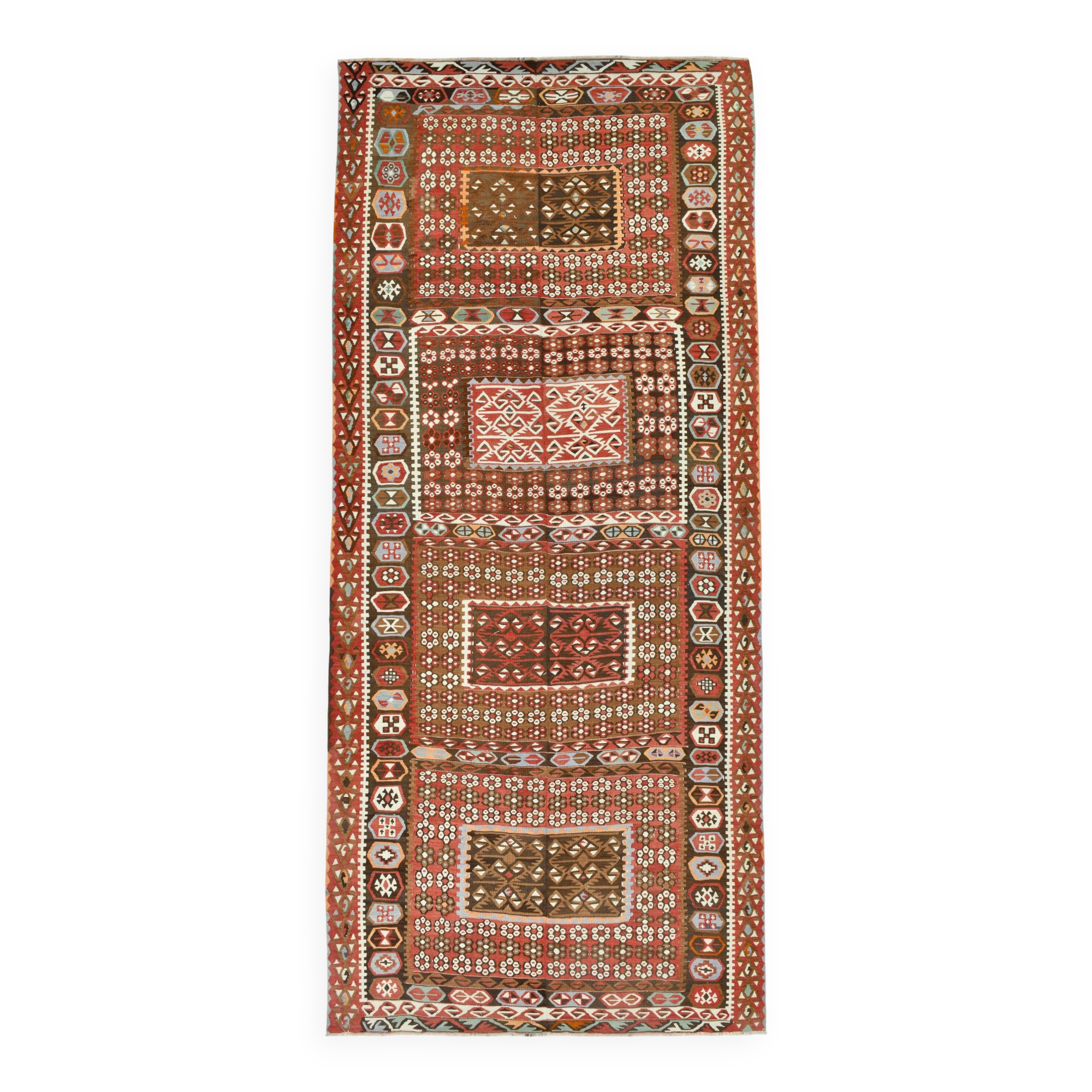 6x14 Kilim Warm Earthy Tons Long Wide Handmade Kilim Rug, 183x416 Cm