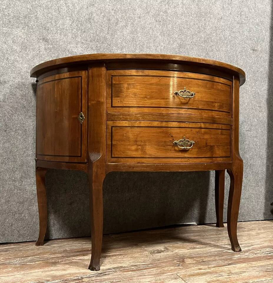 Louis XV / Louis XVI Transition style half-moon chest of drawers in marquetry mahogany