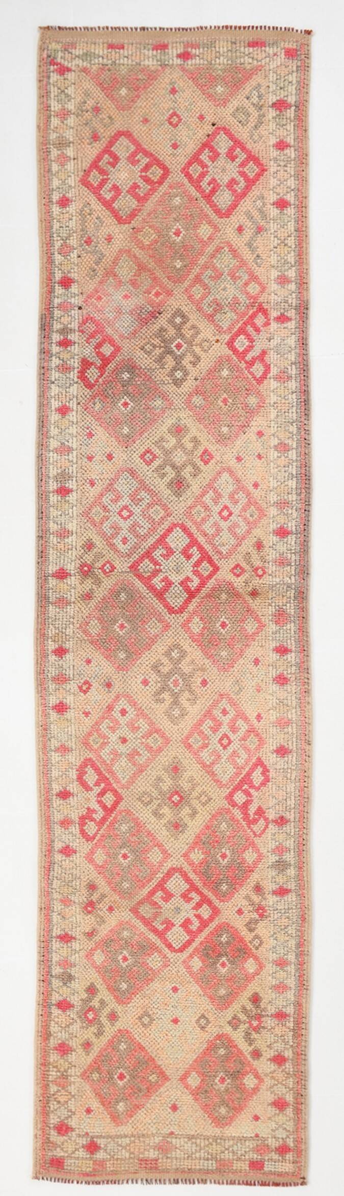 Vintage Runner Kilim, Tons Rose et Beige, Motifs Anatoliens Géométriques