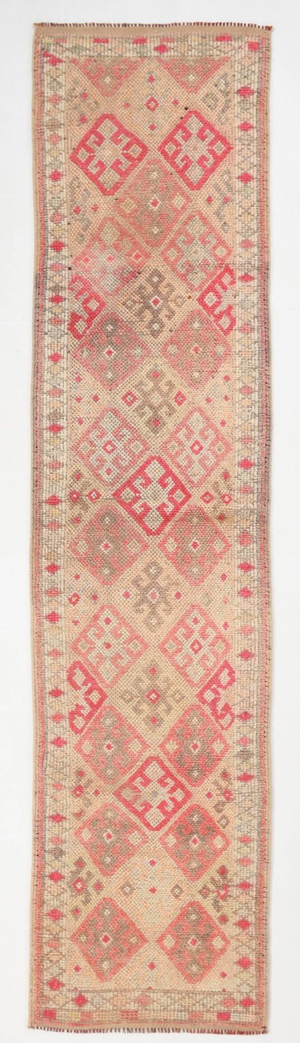 Vintage Runner Kilim, Tons Rose et Beige, Motifs Anatoliens Géométriques