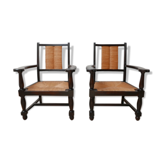 Paire de fauteuils en bois et rush Français néo basques teinté du milieu du siècle