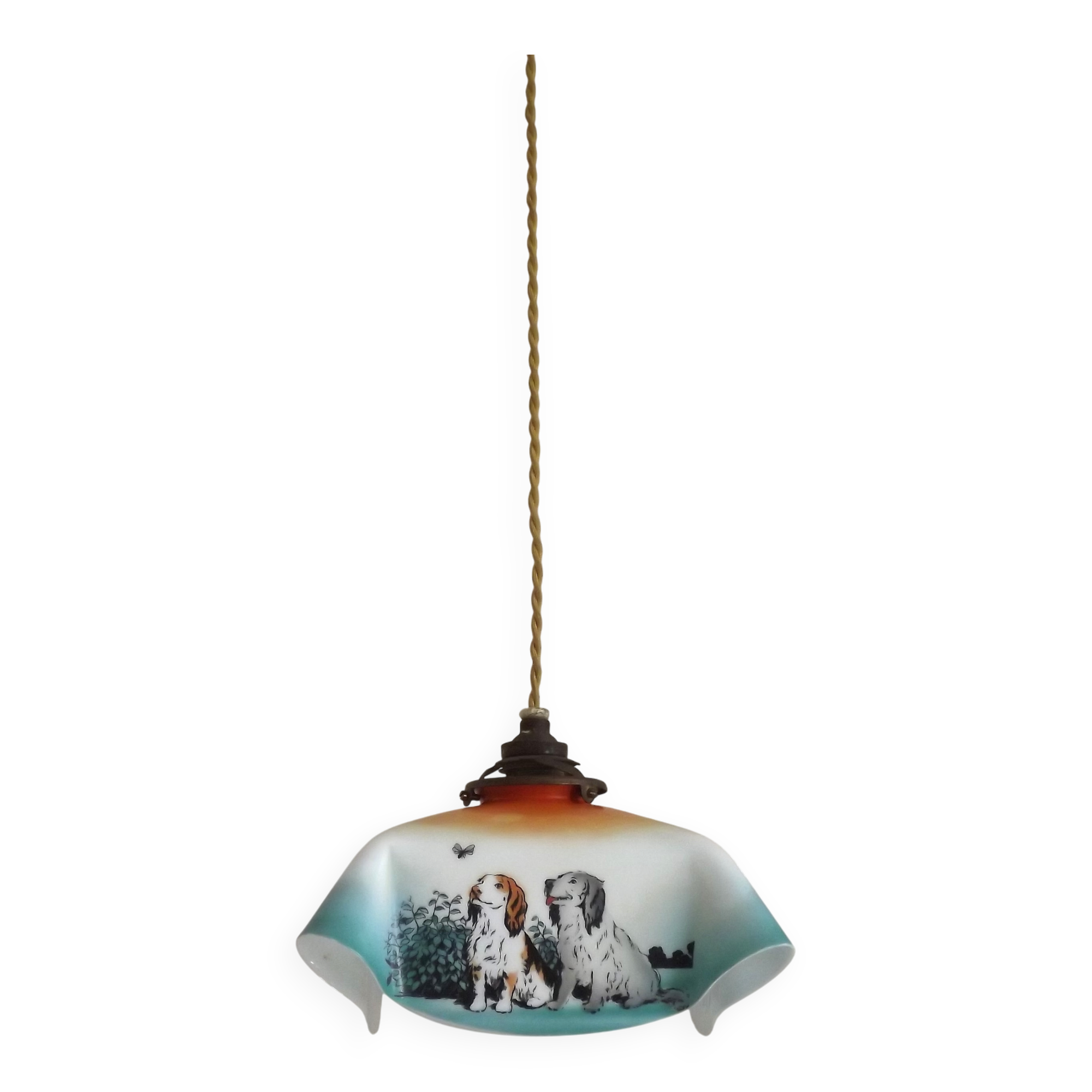 Rare French Art Deco Pendant Light | Illustrated Dog Countryside Shade