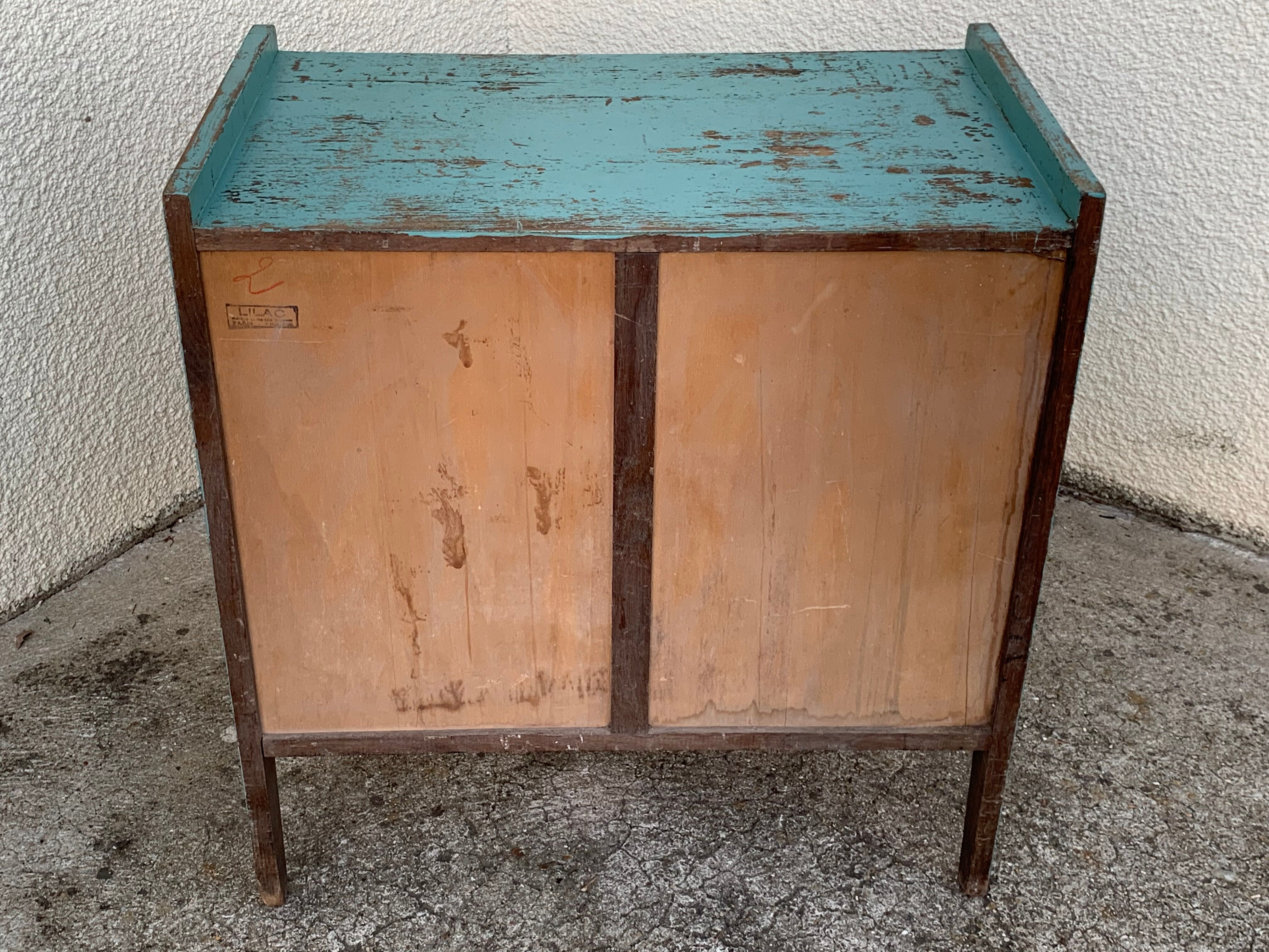 Vintage chest of drawers wood and rattan patina turquoise 1950