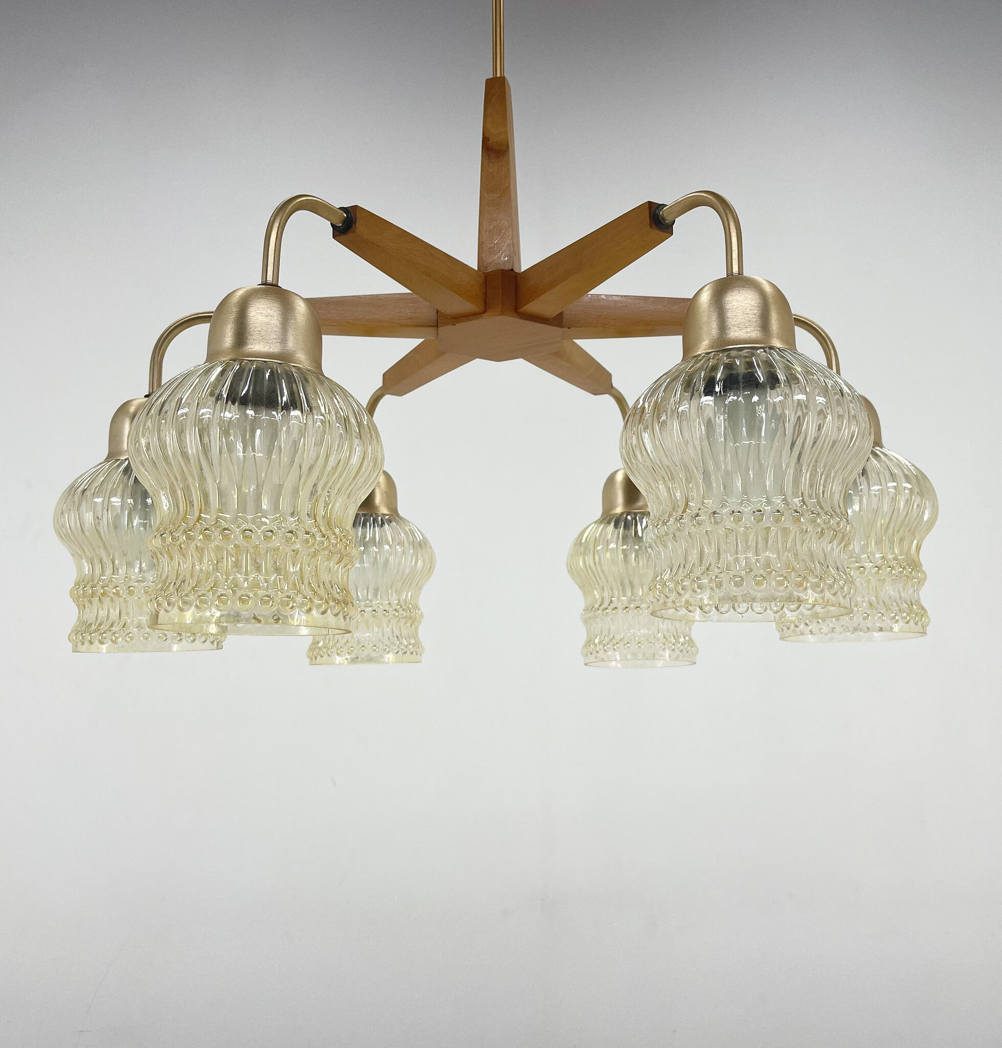 1970's Wood & Glass 6-arm Chandelier, Czechoslovakia