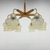1970's Wood & Glass 6-arm Chandelier, Czechoslovakia