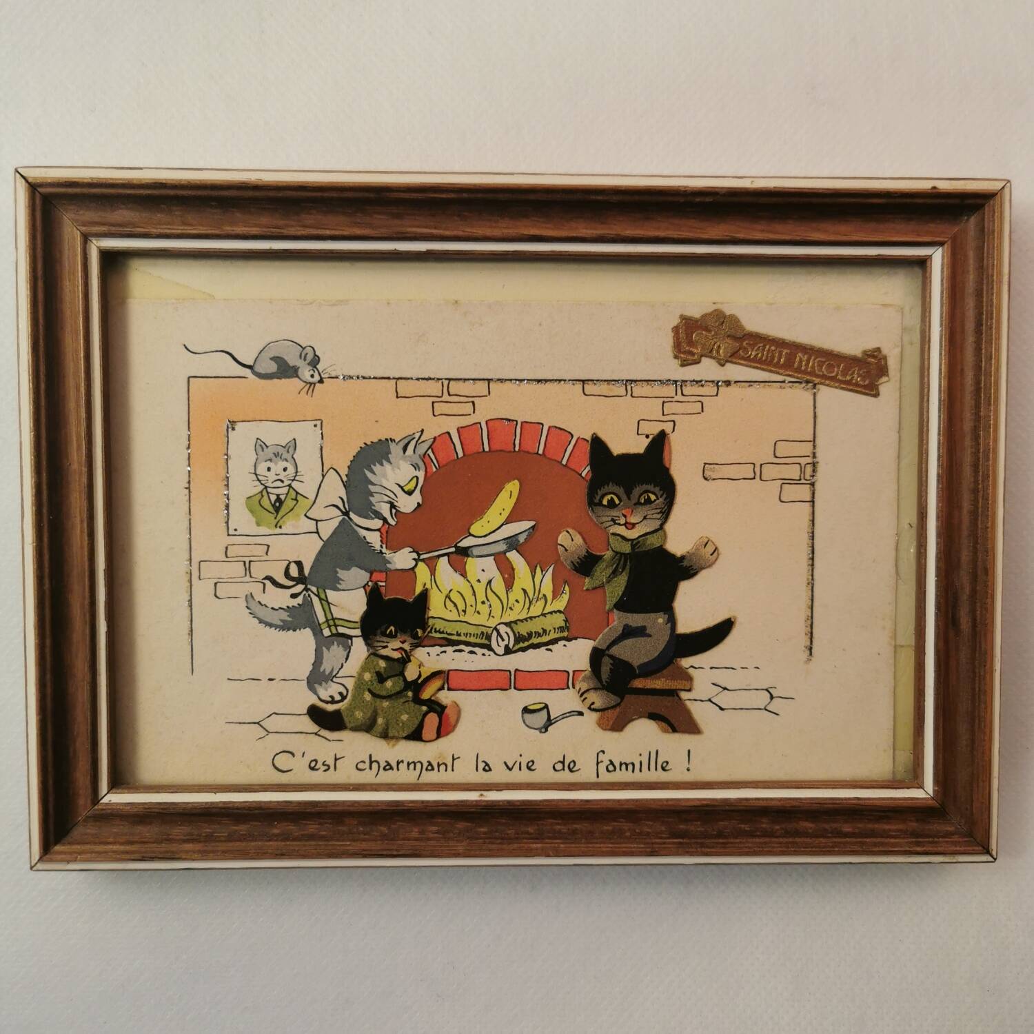 Small frame old postcard early 20th century little humanist cats st nicolas christmas