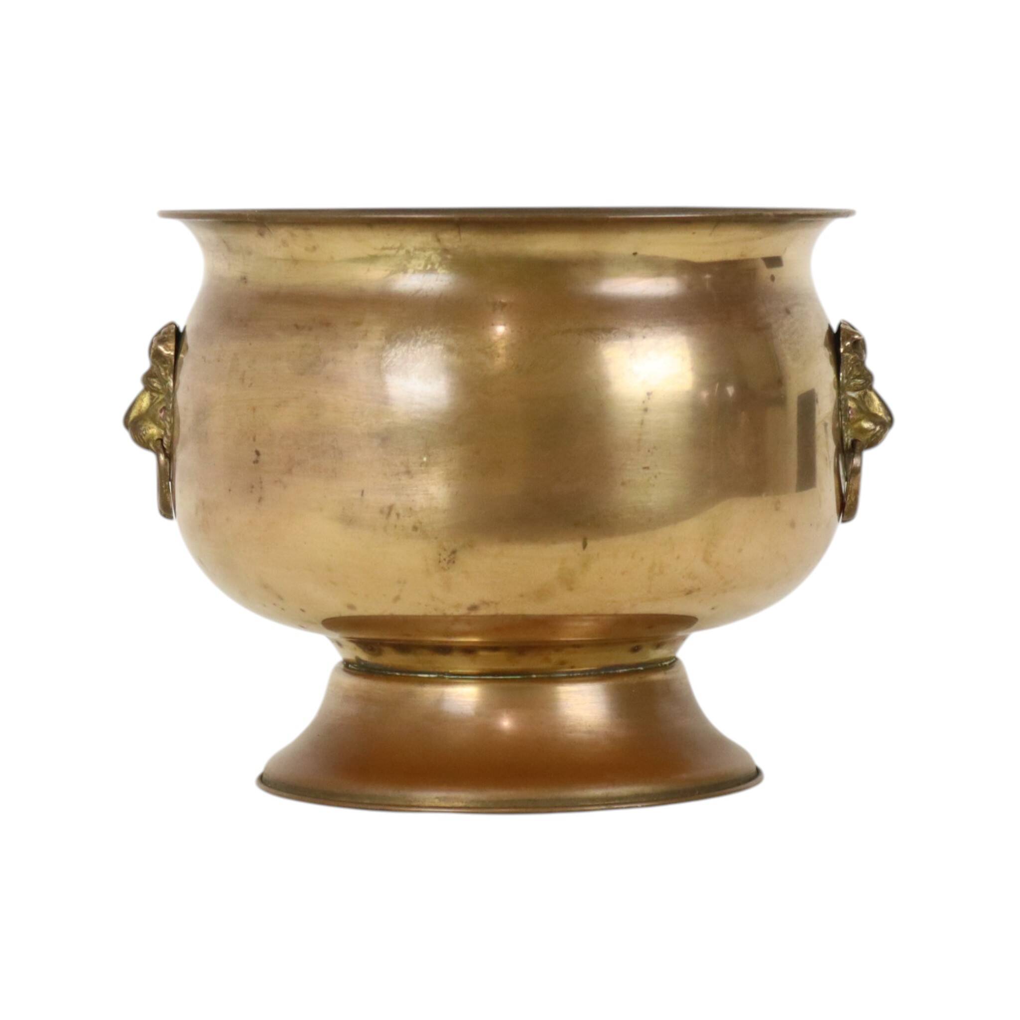 Antique Brass Jardinière Plant Pot with Lion Heads, Early 20th Century