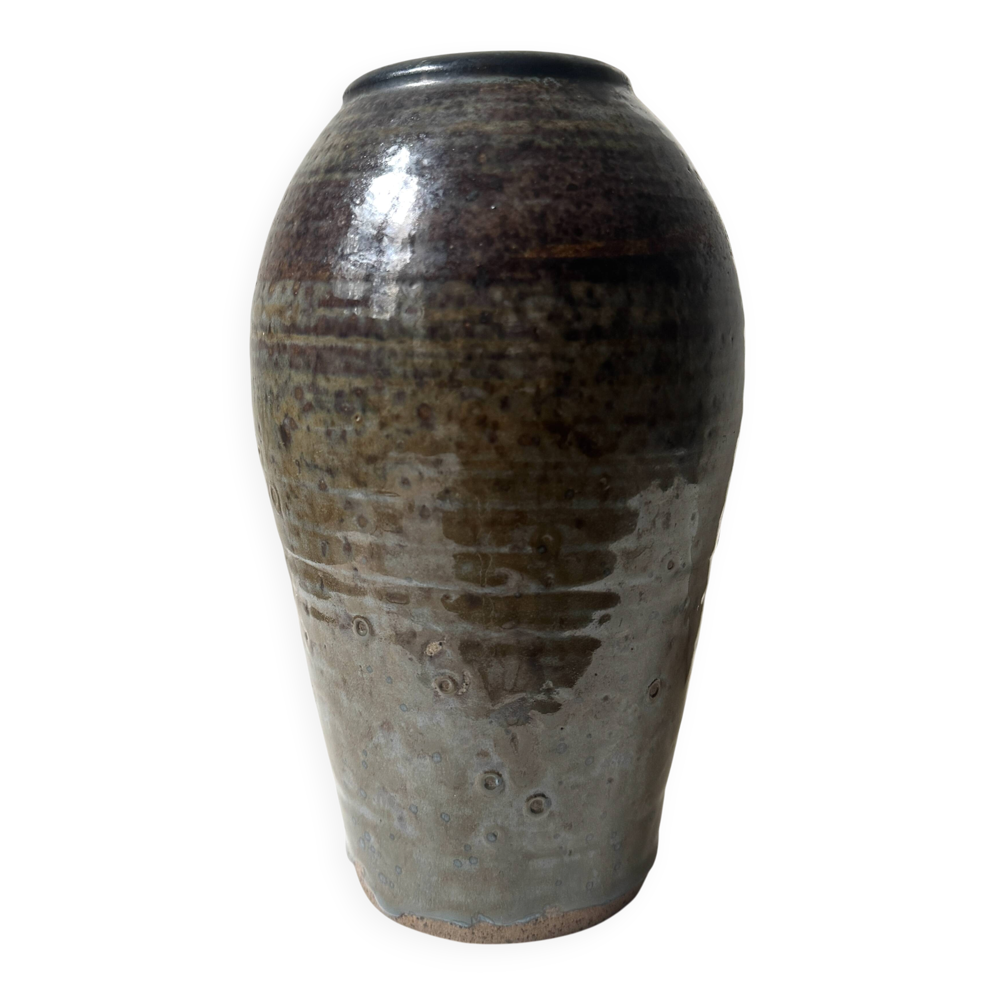 Brown-black glazed stoneware vase, signed underneath the base, circa 1950.