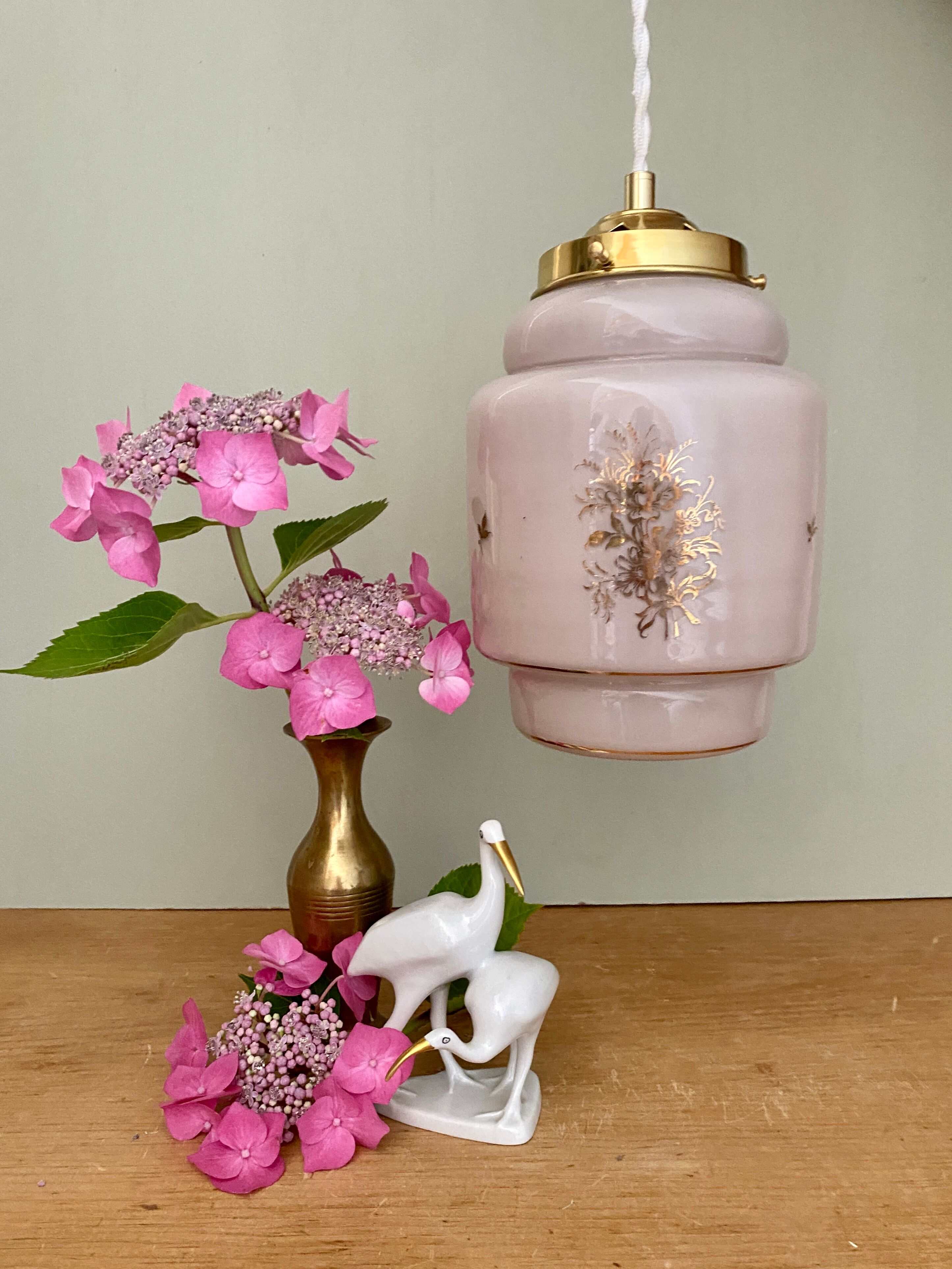 Vintage pink opaline globe pendant lamp with gold designs