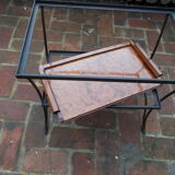 Serving table in wrought iron and solid mahogany bramble