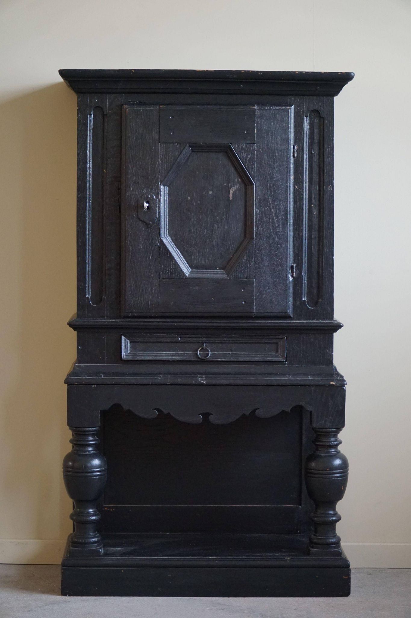 Antique black painted wardrobe from the 18th century by a Danish cabinetmaker, baroque.