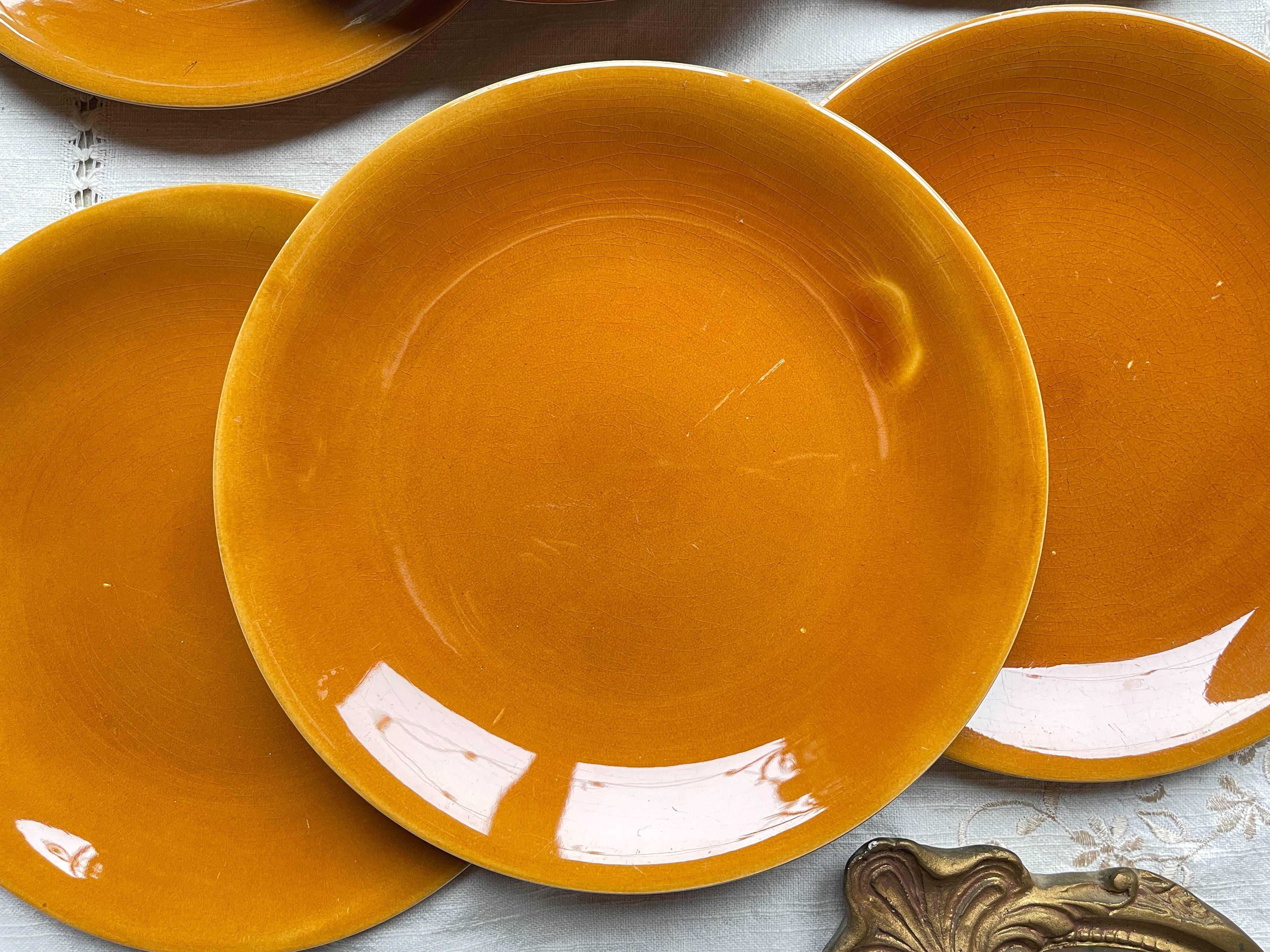 6 Vintage Longchamp amber earthenware plates, France 1970
