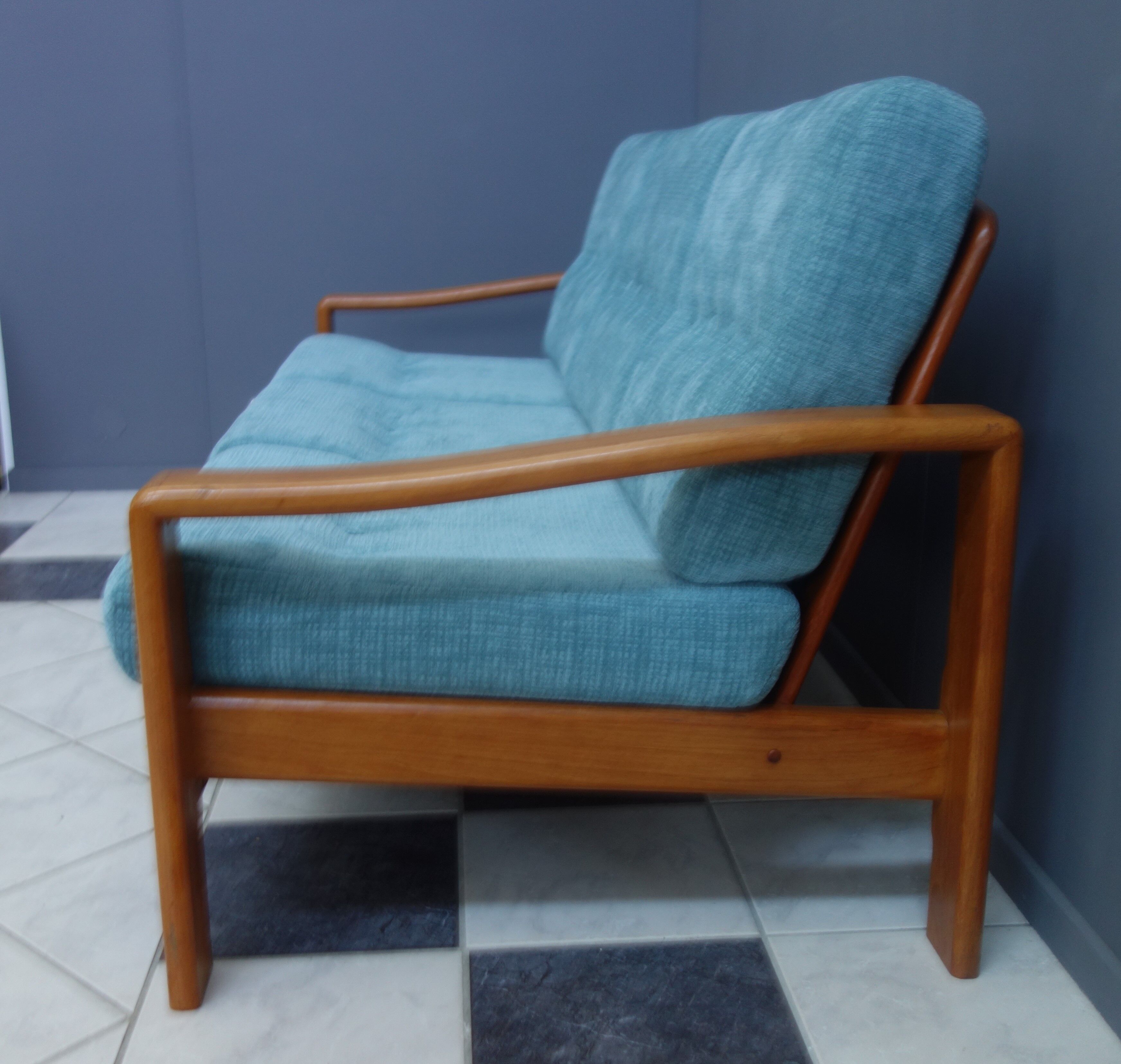 Teak and Green fabric Danish 3 seat sofa 1960s