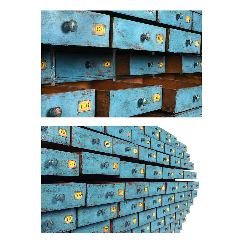 Pastourel wooden craft cabinet with 96 drawers and blue patina