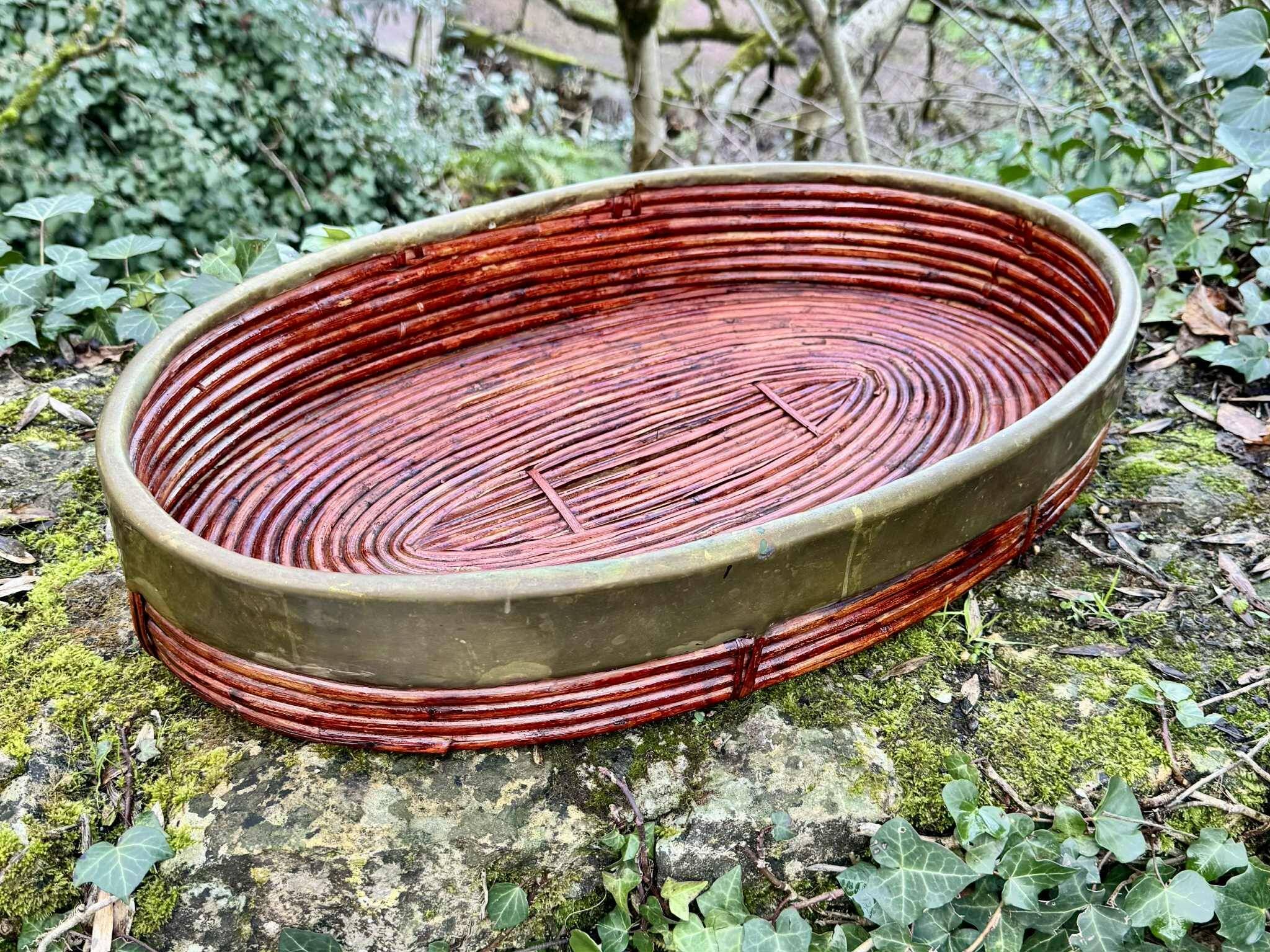 Large rattan and brass plateau by Gabriella Crespi, Italy, 1960s.