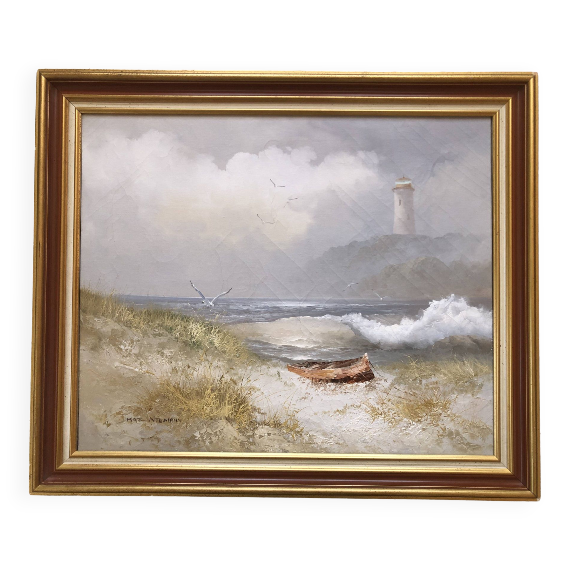 Painting oil on canvas the lighthouse circa 1950 / 60k by karl neumann, seascape, marine sea wave ba