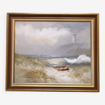 Painting oil on canvas the lighthouse circa 1950 / 60k by karl neumann, seascape, marine sea wave ba