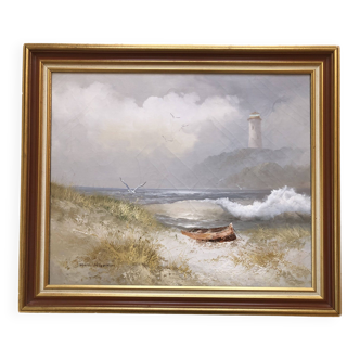 Painting oil on canvas the lighthouse circa 1950 / 60k by karl neumann, seascape, marine sea wave ba