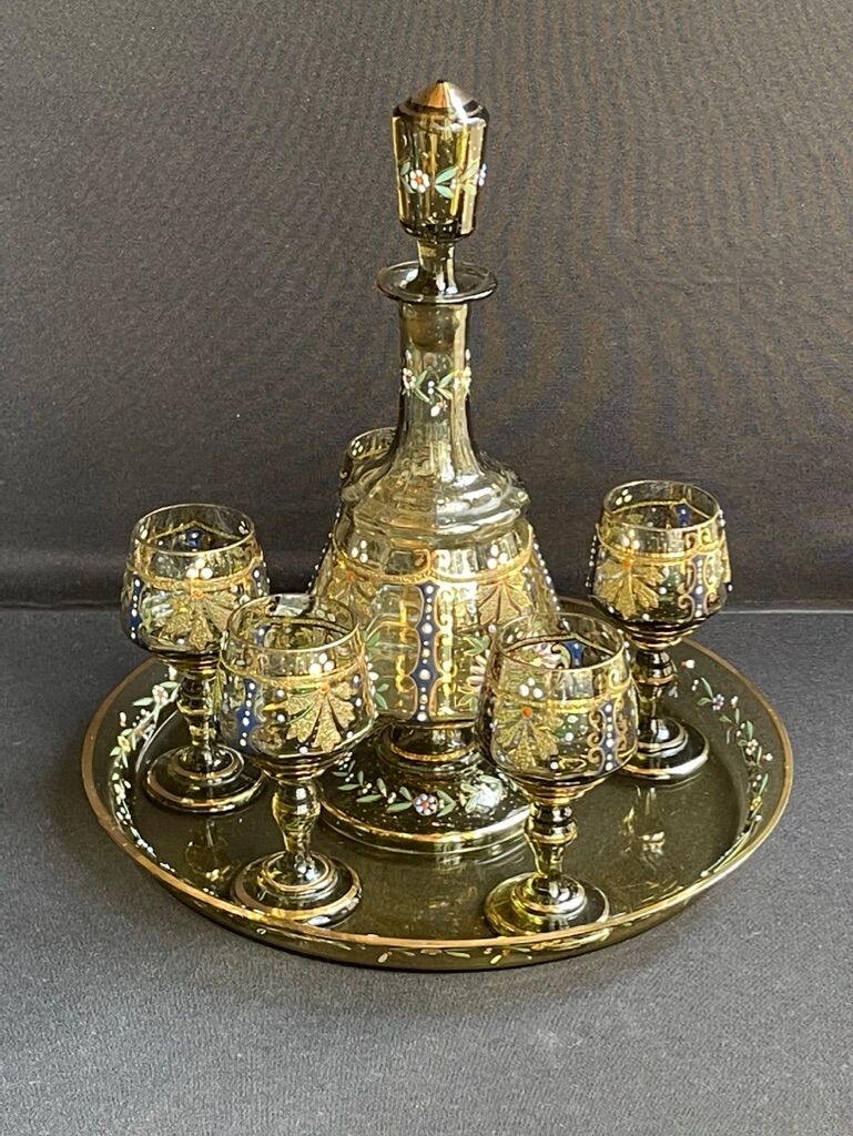 Amber crystal enamel and gilded liquor service