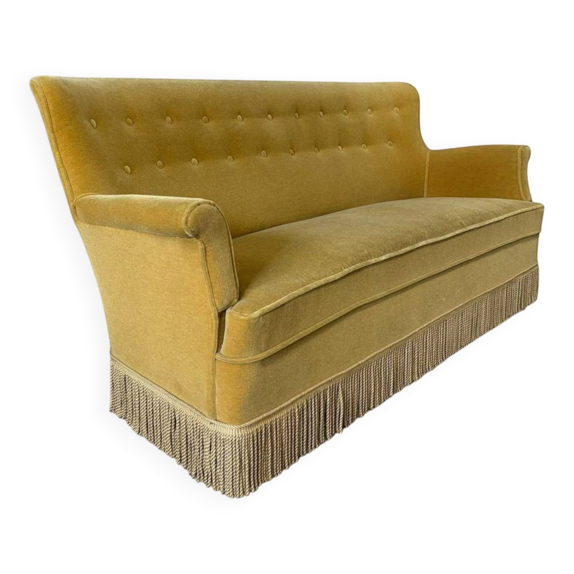 Vintage ochre yellow sofa / three-seater with fringes