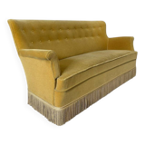 Vintage ochre yellow sofa / three-seater with fringes