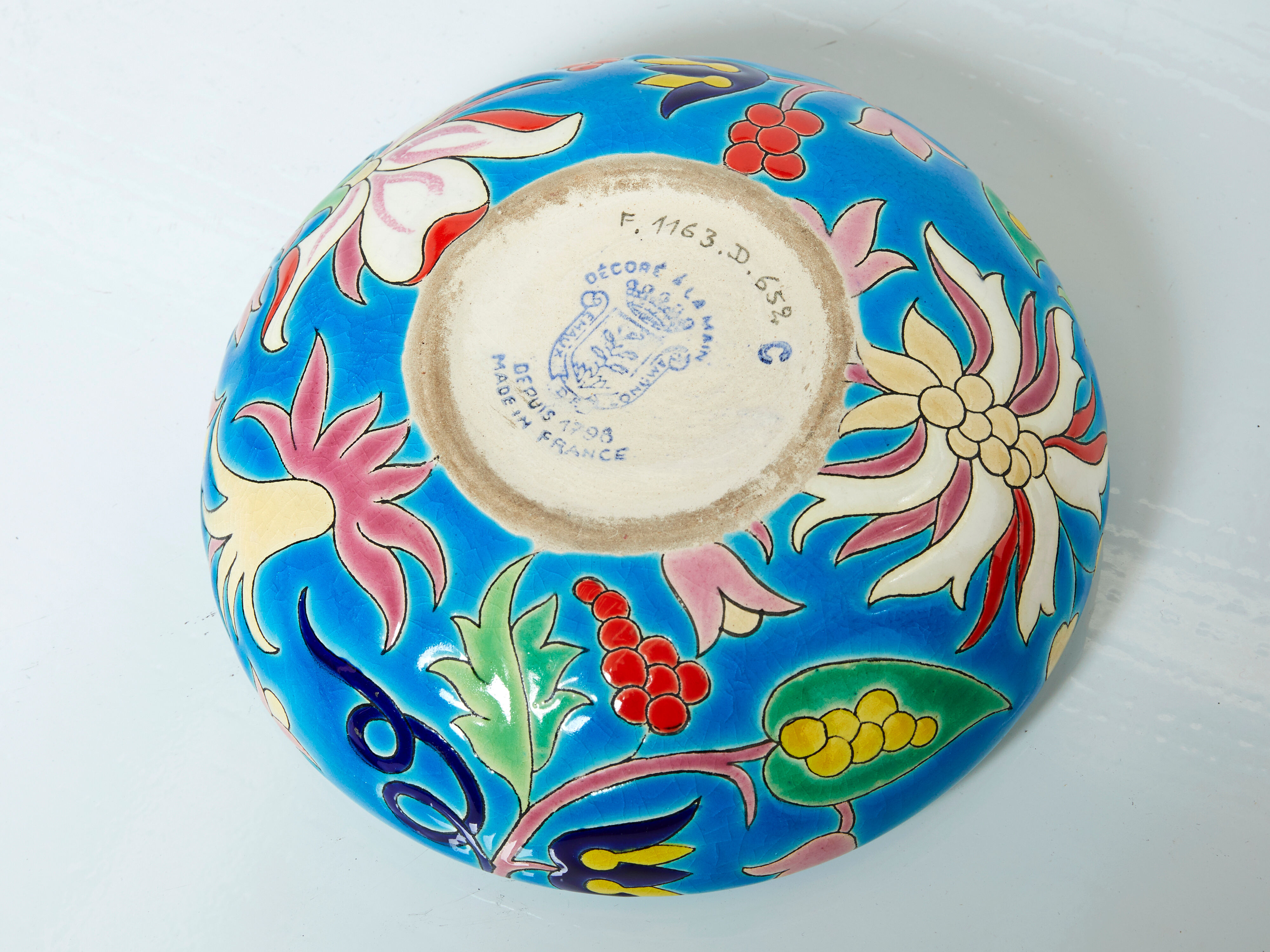 Large round box turquoise blue Art Deco Emaux de Longwy 1950