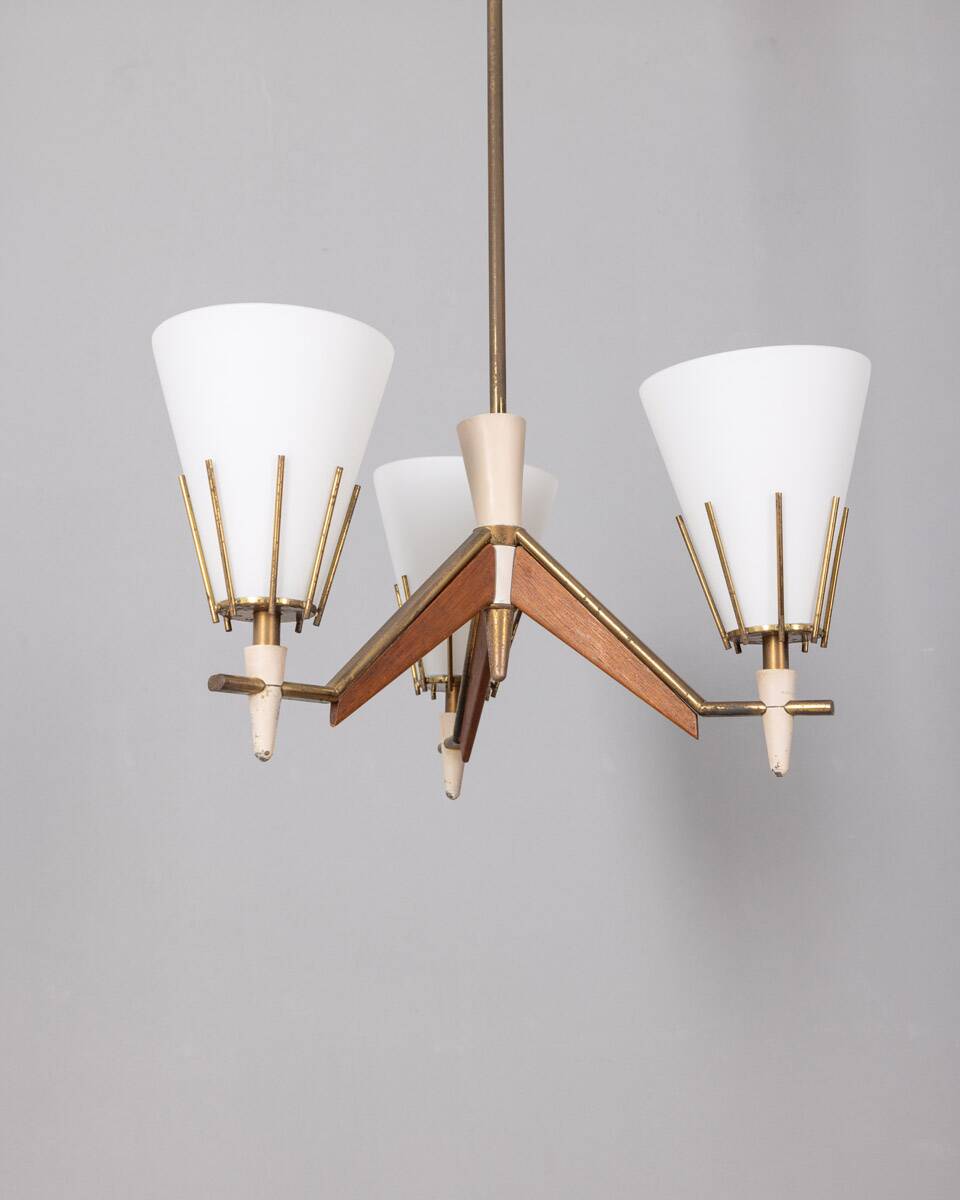 Vintage 50s chandelier in brass, wood and opal glass italian design