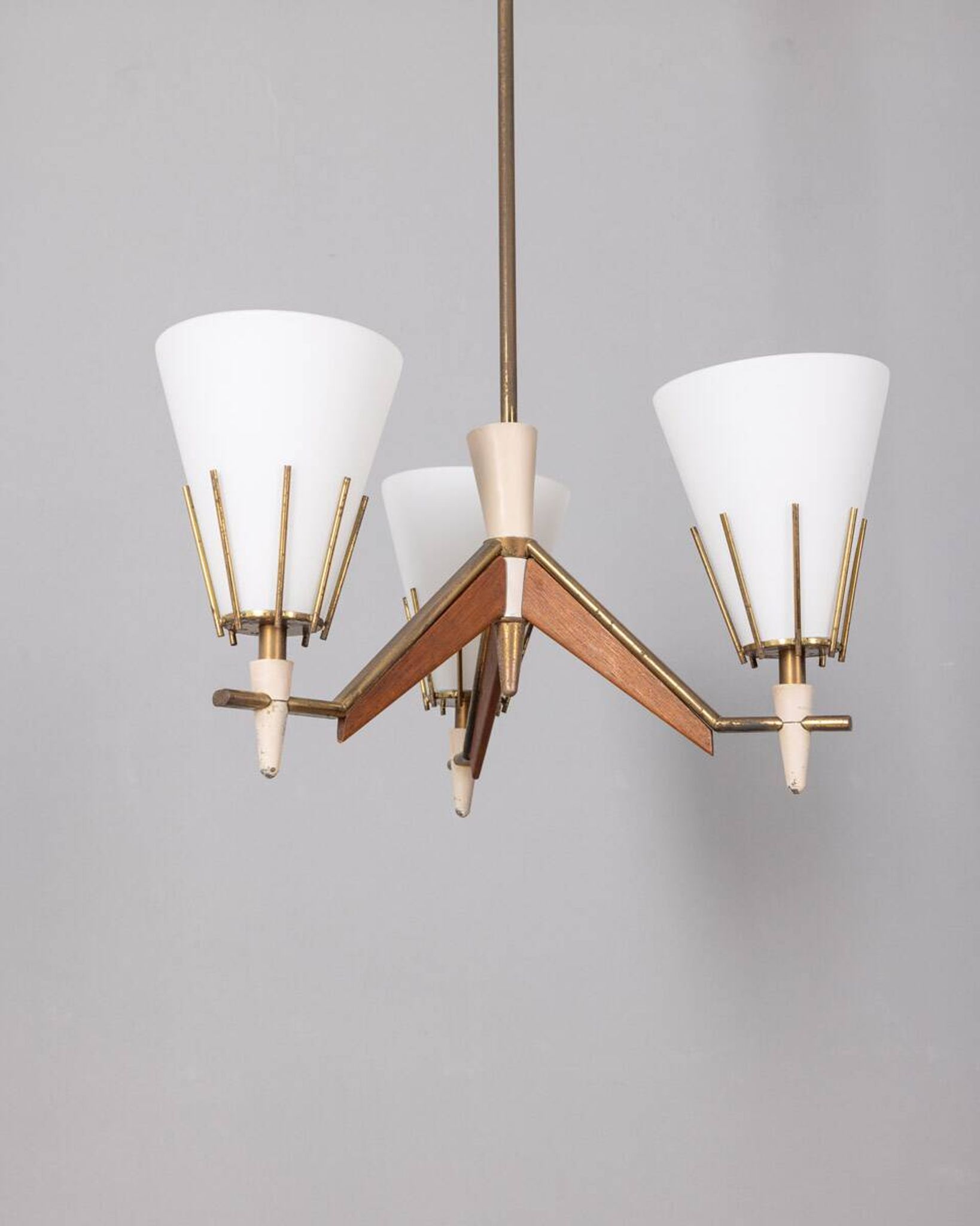 Vintage 50s chandelier in brass, wood and opal glass italian design