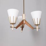 Vintage 50s chandelier in brass, wood and opal glass italian design