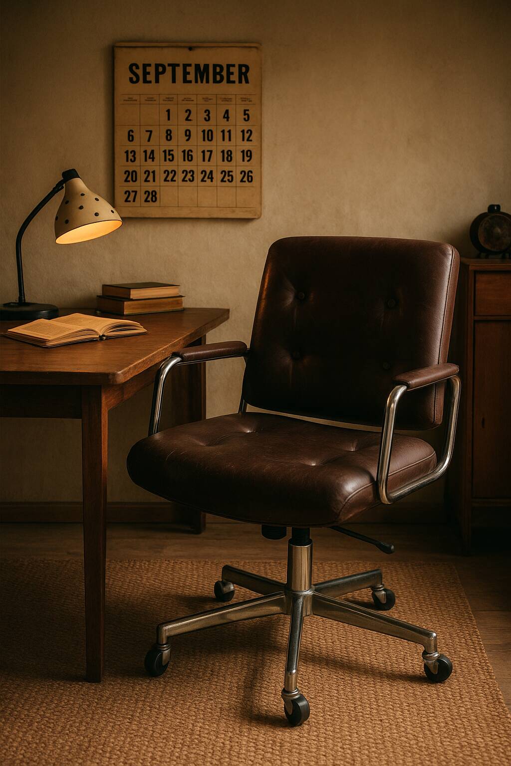 Vintage strafor brown leather armchair with casters