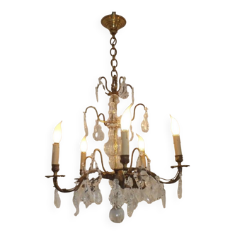 French antique rococo gilt bronze & glass chandelier adorned with crystals 4721