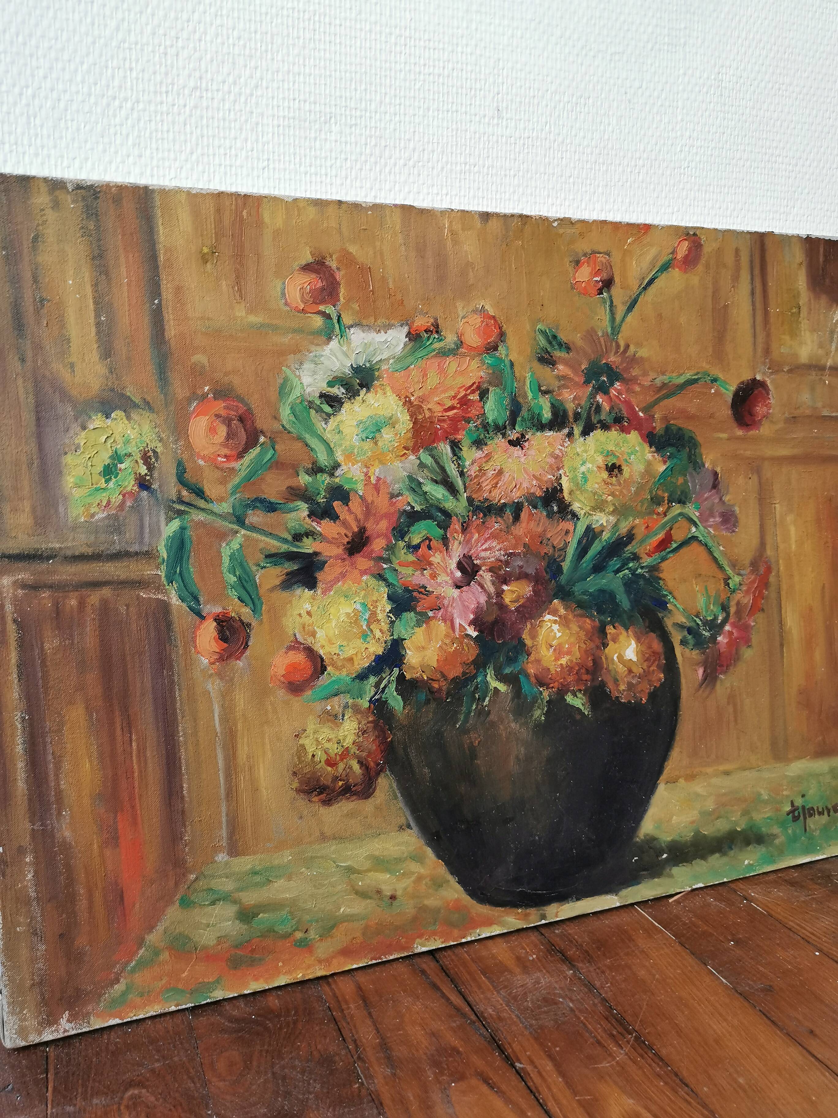 Ancient oil painting on canvas bouquet of flowers
